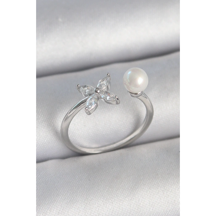 Pirinç Gümüş Renk Zirkon Taşlı Çiçek Model İnci Detay Ayarlanabilir Kadın Yüzük