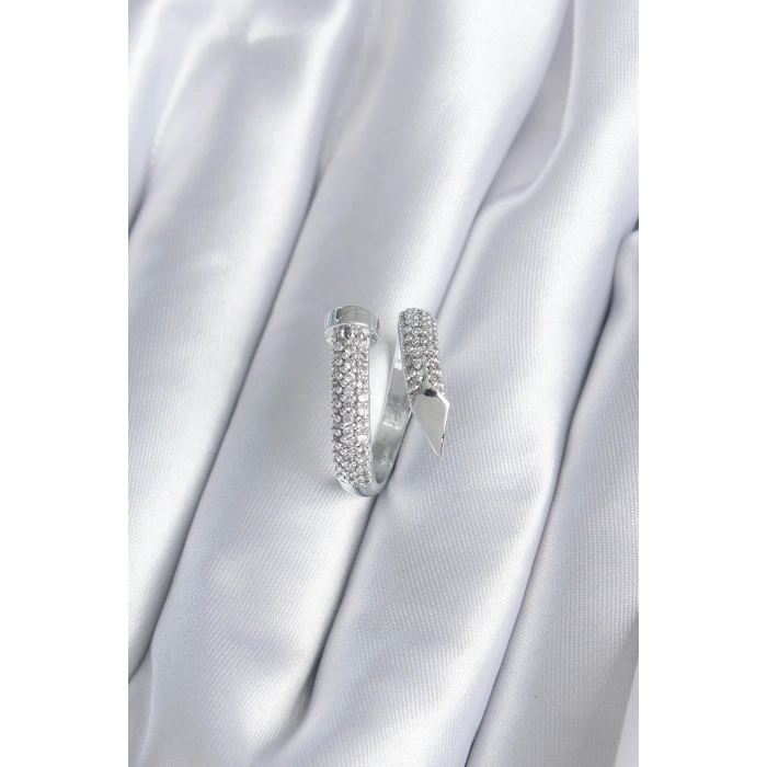 Pirinç Gümüş Renk Zirkon Taşlı Çivi Model Kadın Yüzük