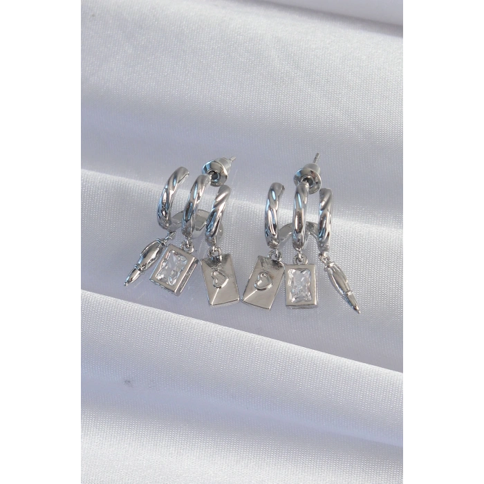 Pirinç Gümüş Renk Zirkon Taşlı Çoklu Aksesuarlı Yarım Halka Kaburga Küpe