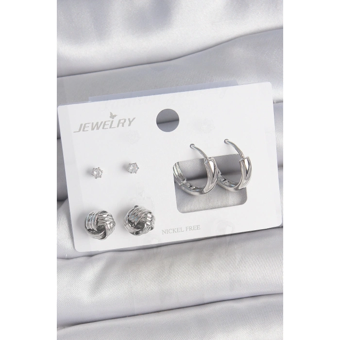 Pirinç Gümüş Renk Zirkon Taşlı Halka Model 3 Çift Kadın Küpe Seti