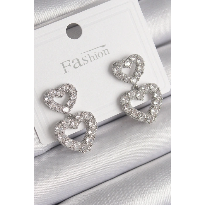 Pirinç Gümüş Renk Zirkon Taşlı Sallantı Kalp Model Kadın Küpe