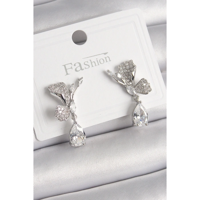 Pirinç Gümüş Renk Zirkon Taşlı Turna Kuşu Model Sallantı Detay Kadın Küpe