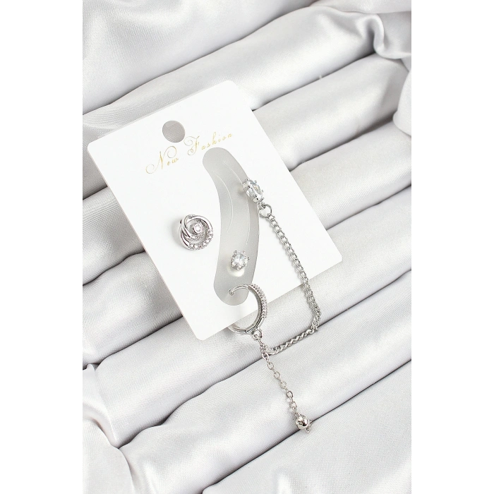 Pirinç Halka Figürlü Zirkon Taşlı Gümüş Renk 3lü Kıkırdak Kadın Küpe Set