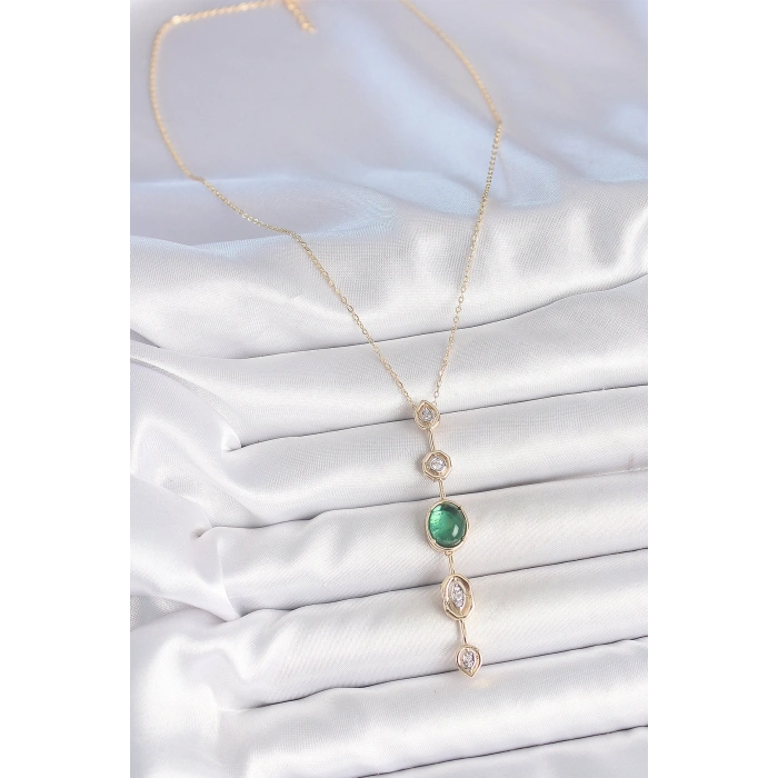 Pirinç Zincir Zümrüt Yeşil Gold Renk Zirkon Taşlı Y Kolye