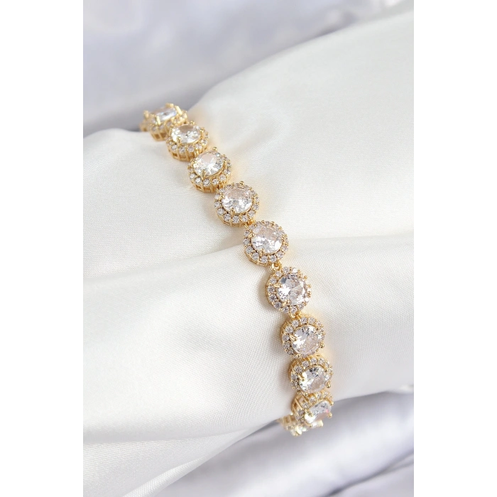 Pirinç Zirkon Taşlı Daire Baget Model Gold Renk VIP Seri Kadın Bileklik