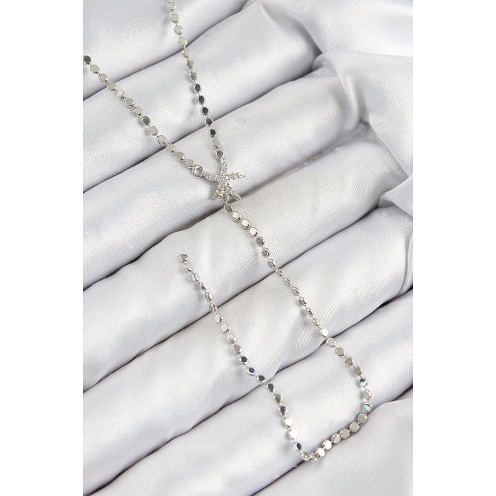 Pirinç Zirkon Taşlı Ezme Zincirli Deniz Yıldızı Model Gümüş Renk Y Kolye