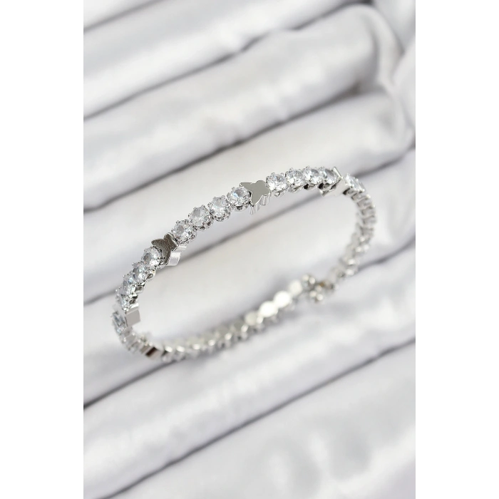 Pirinç Zirkon Taşlı Kalp Model Gümüş Renk Yaylı Kadın Bileklik