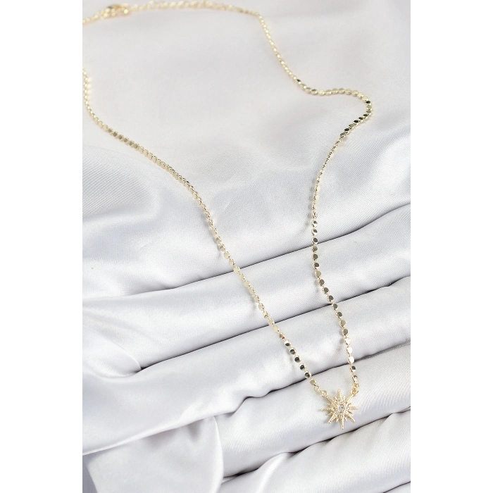 Pirinç Zirkon Taşlı Kutup Yıldızı Model Ezme Zincir Gold Renk Kadın Kolye
