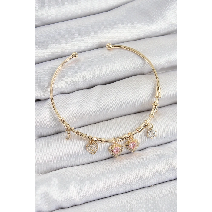 Pirinç Zirkon Taşlı Pembe Kalp Model Gold Renk Charm Bileklik