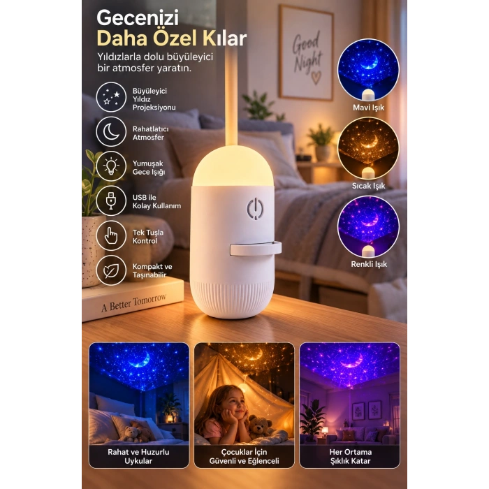 Romantik Atmosfer İçin Ay Yıldız Projeksiyonlu Gece Lambası