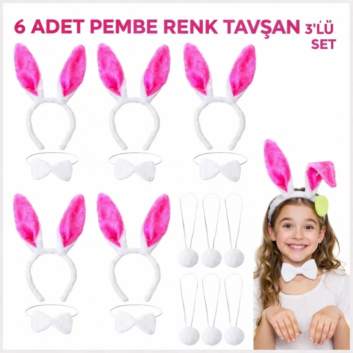 Şeker Pembesi Tavşan Sahne Seti 6'lı Set Taç Papyon Kuyruk (5047)