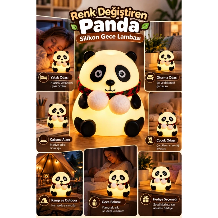 Sevimli Panda Silikon Gece Lambası Renkli Işık Modu Dokunmatik Kontrollü Aydınlatma