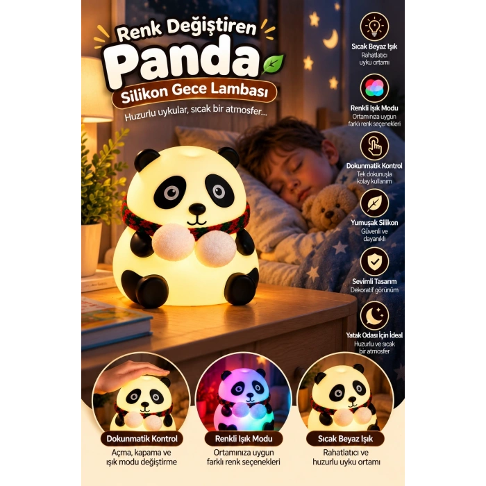Sevimli Panda Silikon Gece Lambası Renkli Işık Modu Dokunmatik Kontrollü Aydınlatma