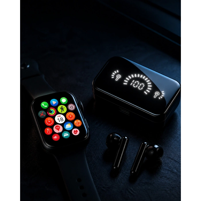 Şık Tasarımlı Akıllı Saat ve Bluetooth Kulaklık Seti Suya Dayanıklı ve Çok Fonksiyonlu