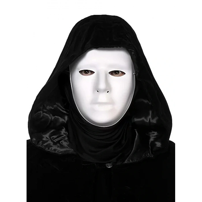 Siyah Kapüşonlu 120 cm Pelerin ve Beyaz Boyanabilir Tam Yüz Maske (5047)