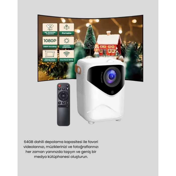 Taşınabilir Akıllı 1080P Projektör – 64GB Hafıza, 2GB RAM, Full HD Görüntü, Kumandalı