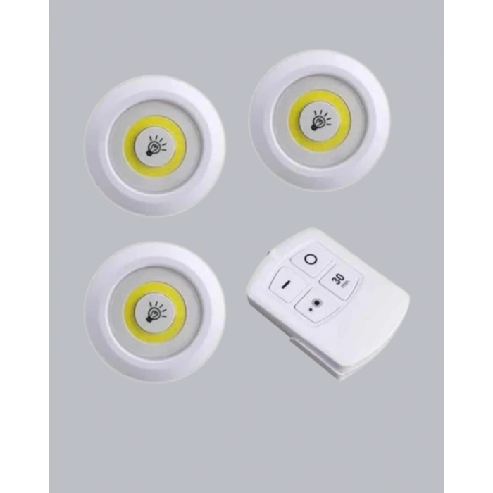 Uzaktan Kumandalı 3 Lü Kablosuz Led Spot Lamba Seti Yapışkanlı Pratik Kullanım