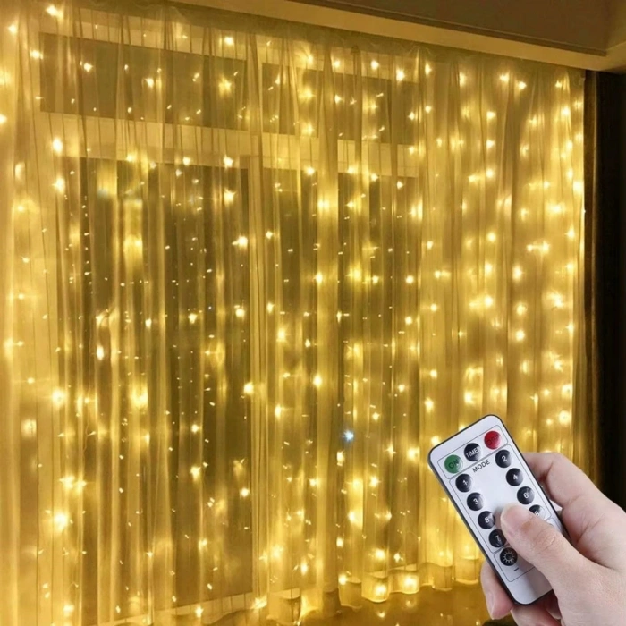 Uzaktan Kumandalı LED Perdeye Takılabilen Kancalı Işık Usb 3x3 Metre Peri Perde LED (5047)