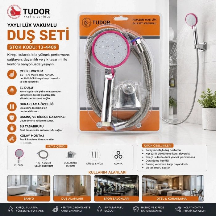 VAKUMLU - KROM LÜKS DUŞ SETİ METAL YAYLI HORTUM=150CM MAFSAL (5047)