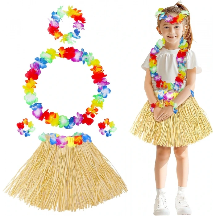 Yetişkin Çocuk Hawaii Parti Seti - 40 cm Naturel Etek + Çiçek Aksesuarlar (5 Parça) (5047)
