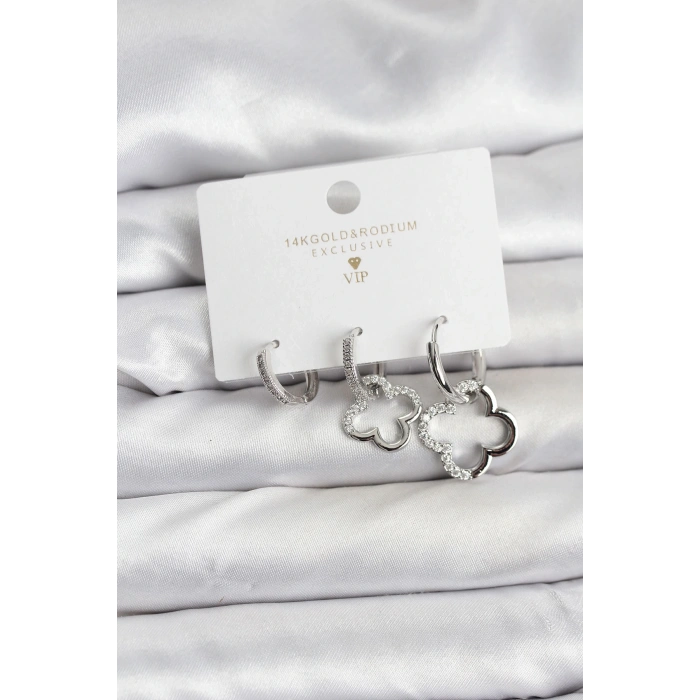 Yonca Model Gümüş Renk Pirinç 3lü Kadın Küpe Seti