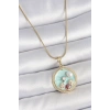 316L Çelik Gold Renk Zincir Mavi Mineli İnci Çiçek İşlemeli Zirkon Taş Detaylı Madalyon Model Kadın Kolye