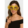 Lüks Taşlı Saplı Maskeli Balo Maskesi Altın Renk 35 cm (5047)