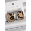 Pirinç Gümüş Renk Leopar Desenli Kare Model Kadın Küpe