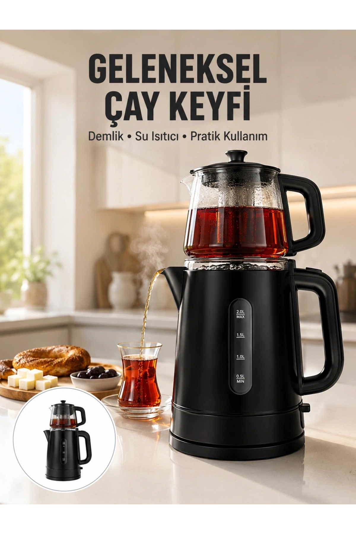 0,9 L Cam Demlik ve 1,7 L Su Haznesi ile Çay Keyfi Yeni Nesil