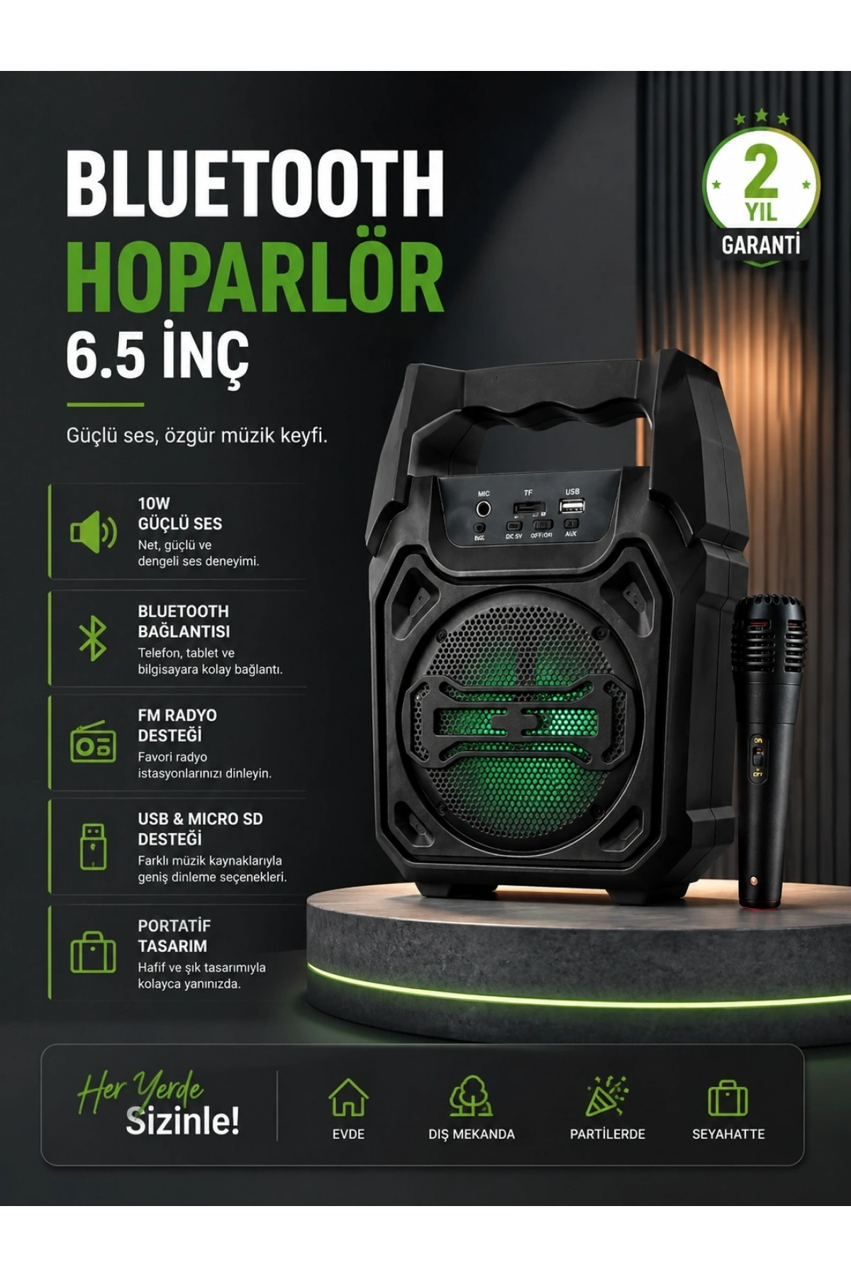 10W Güçlü Ses Performanslı Bluetooth Karaoke Hoparlörü