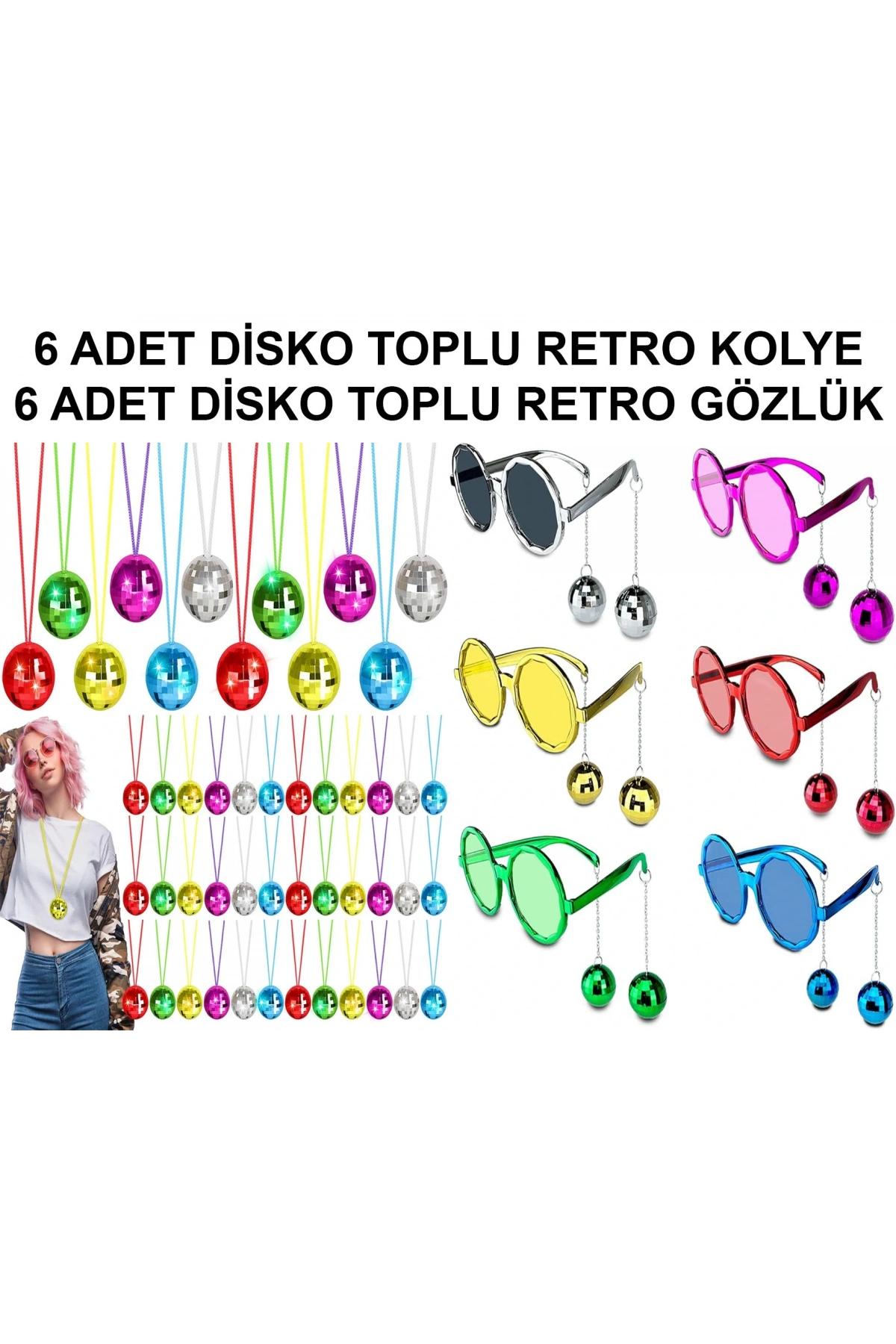 12 Parça Renkli Disko Toplu Retro Parti Seti – 6 Kolye + 6 Gözlük (5047)