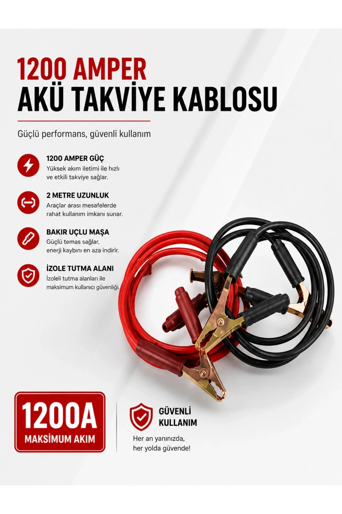 1200 Amper Akü Takviye Kablosu 2 Metre Bakır Uçlu