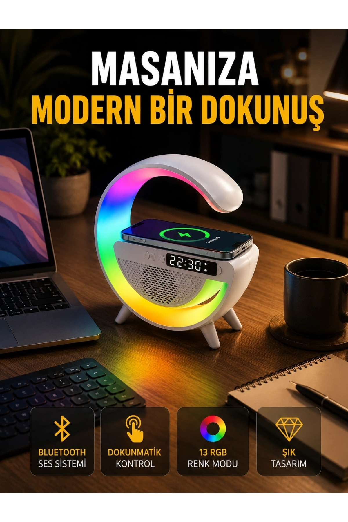 13 Renk Seçenekli Kablosuz Şarj Cihazlı LED Lamba