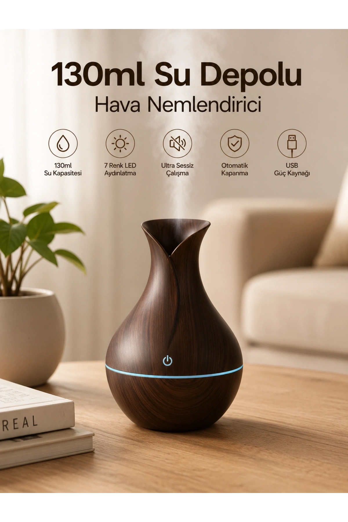130ml Aromaterapi Difüzörü Hava Nemlendirici 7 Renk LED Işıklı