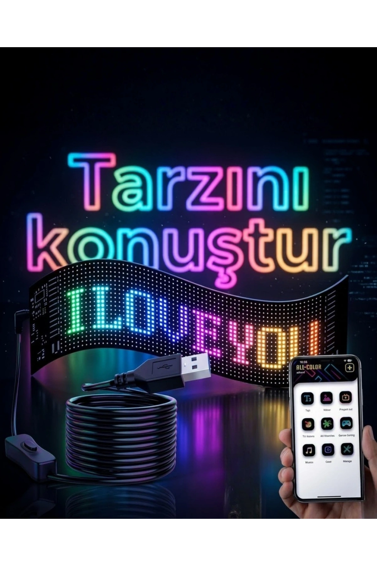 16x96 LED Yazı Paneli 60 cm Esnek RGB Işıklı Programlanabilir Ekran