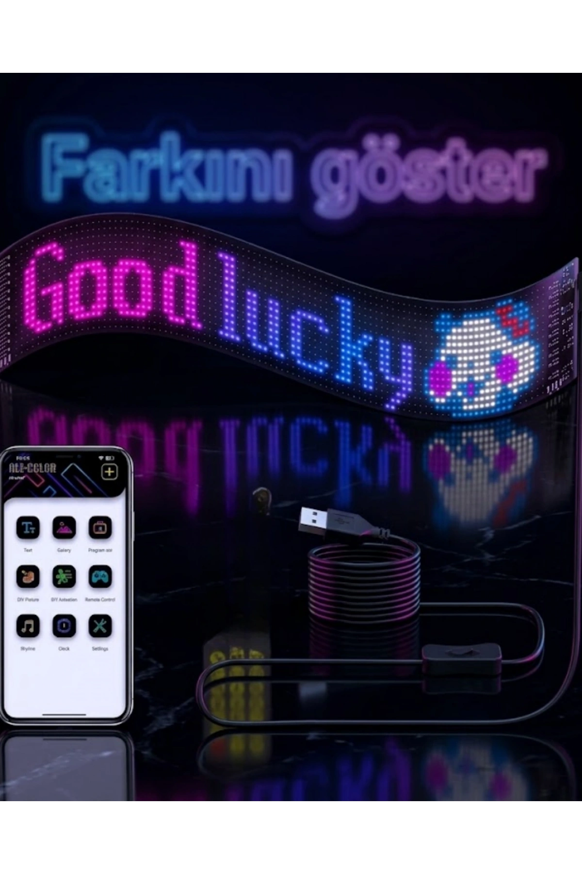 16x96 RGB LED Matrix Panel 60 cm Esnek Yapı Uygulama Kontrollü Kayan Yazı Ekranı