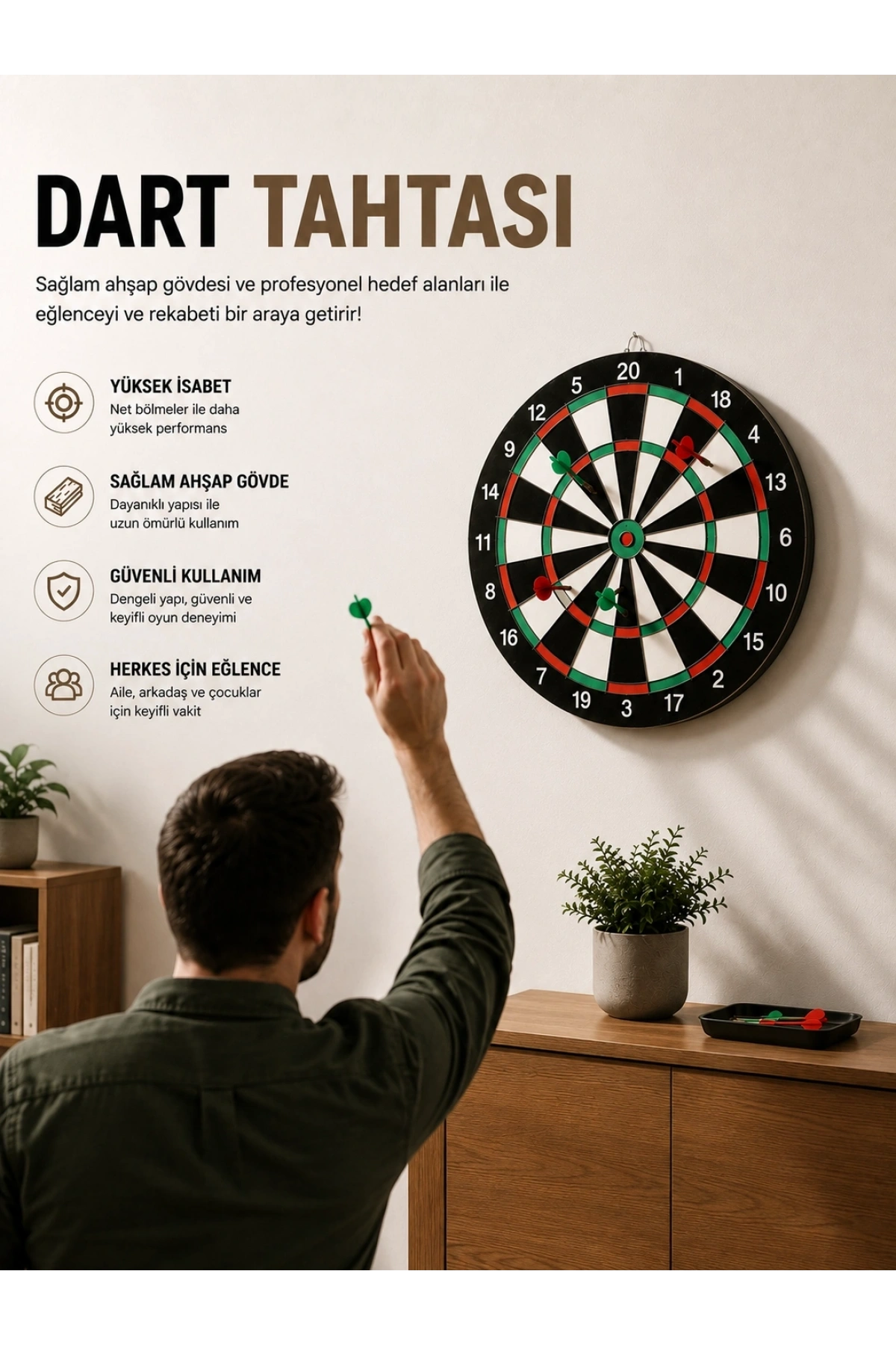 17 İnç Dart Tahtası Sağlam Ahşap Gövde ve Uzun Ömürlü Kullanım