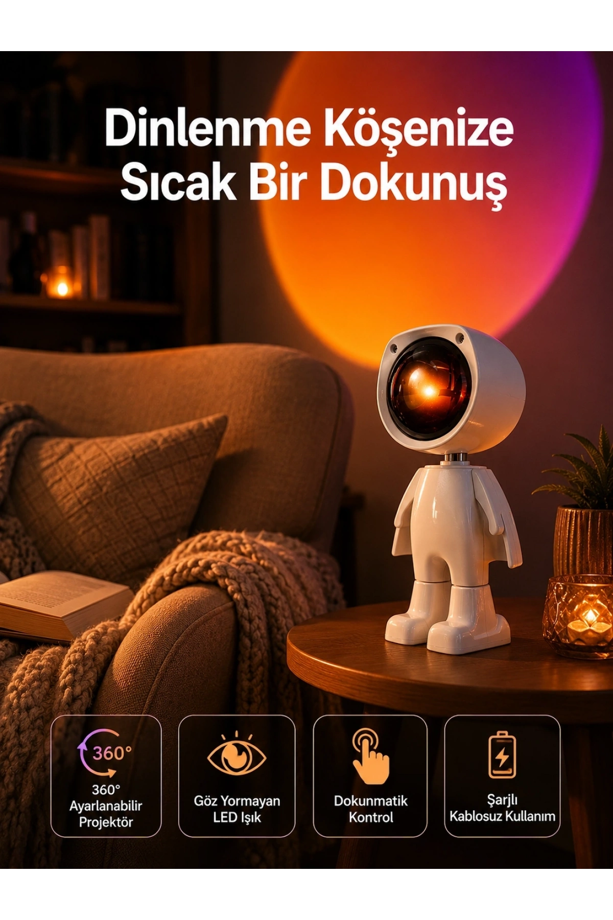 180 Derece Dönebilen Astronot Masa ve Gece Lambası Projektör