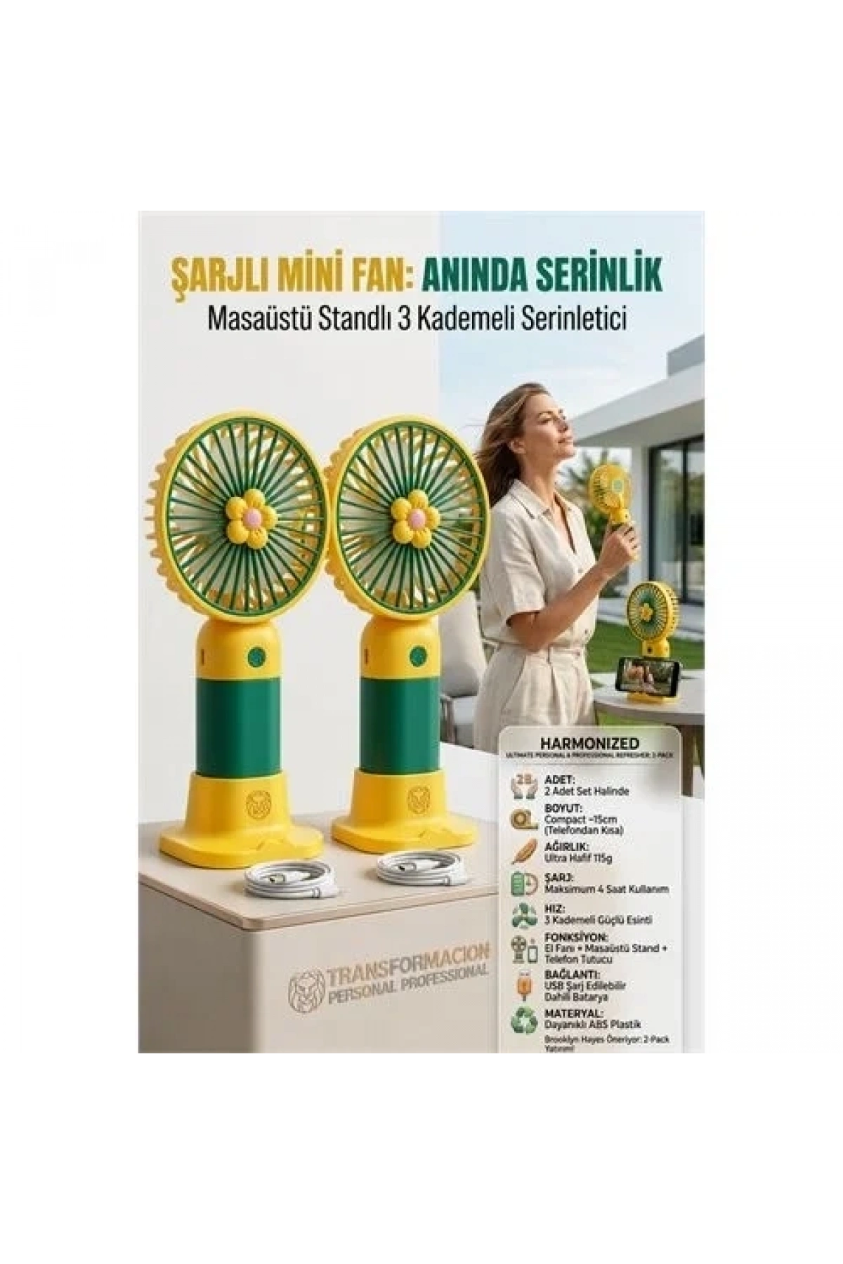 2 Adet Şarjlı Mini El Fanı Taşınabilir Masaüstü Vantilatör Max 4 Saat 723211