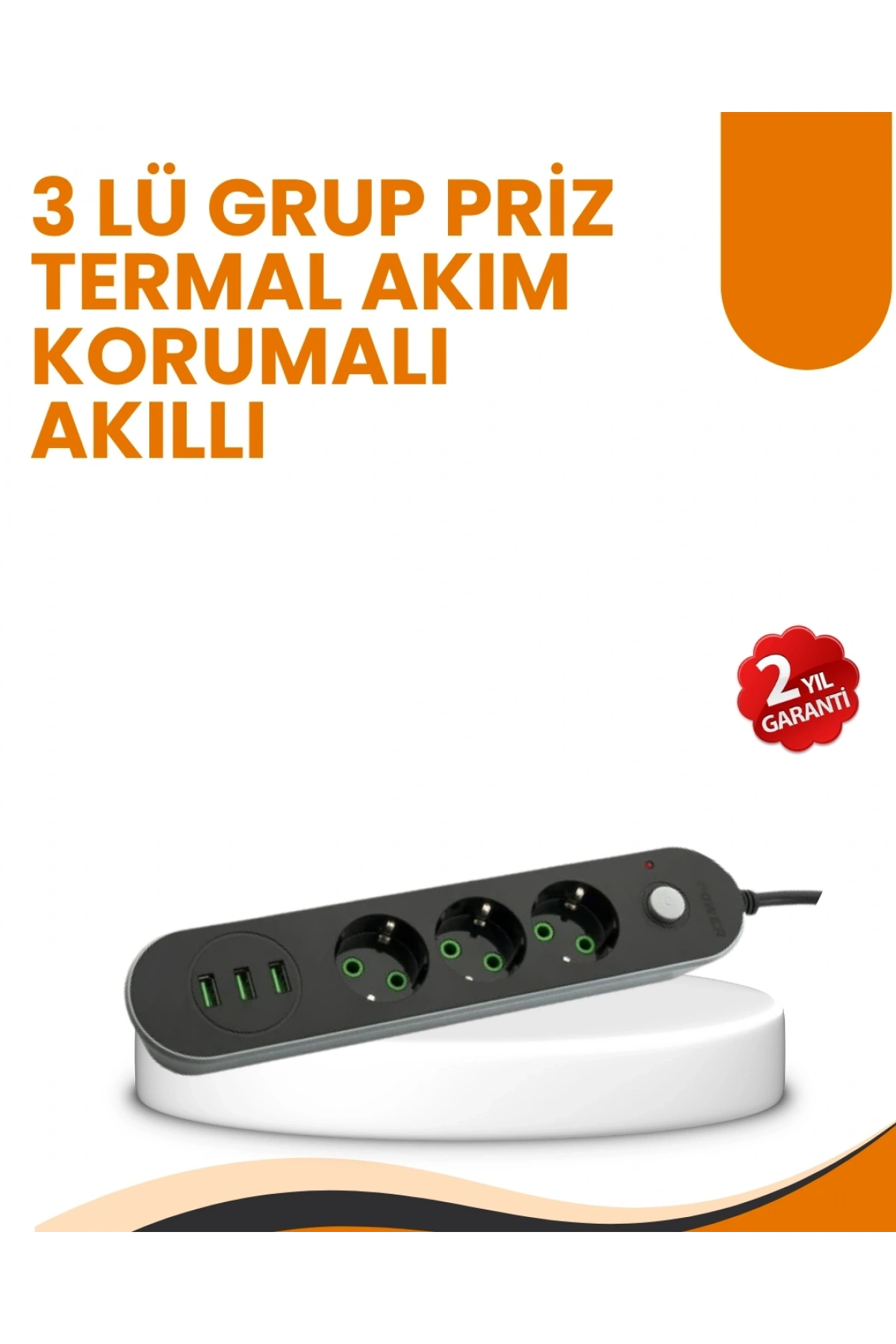 2 Metre Kablolu 3 USB Portlu Anahtarlı Üçlü Priz