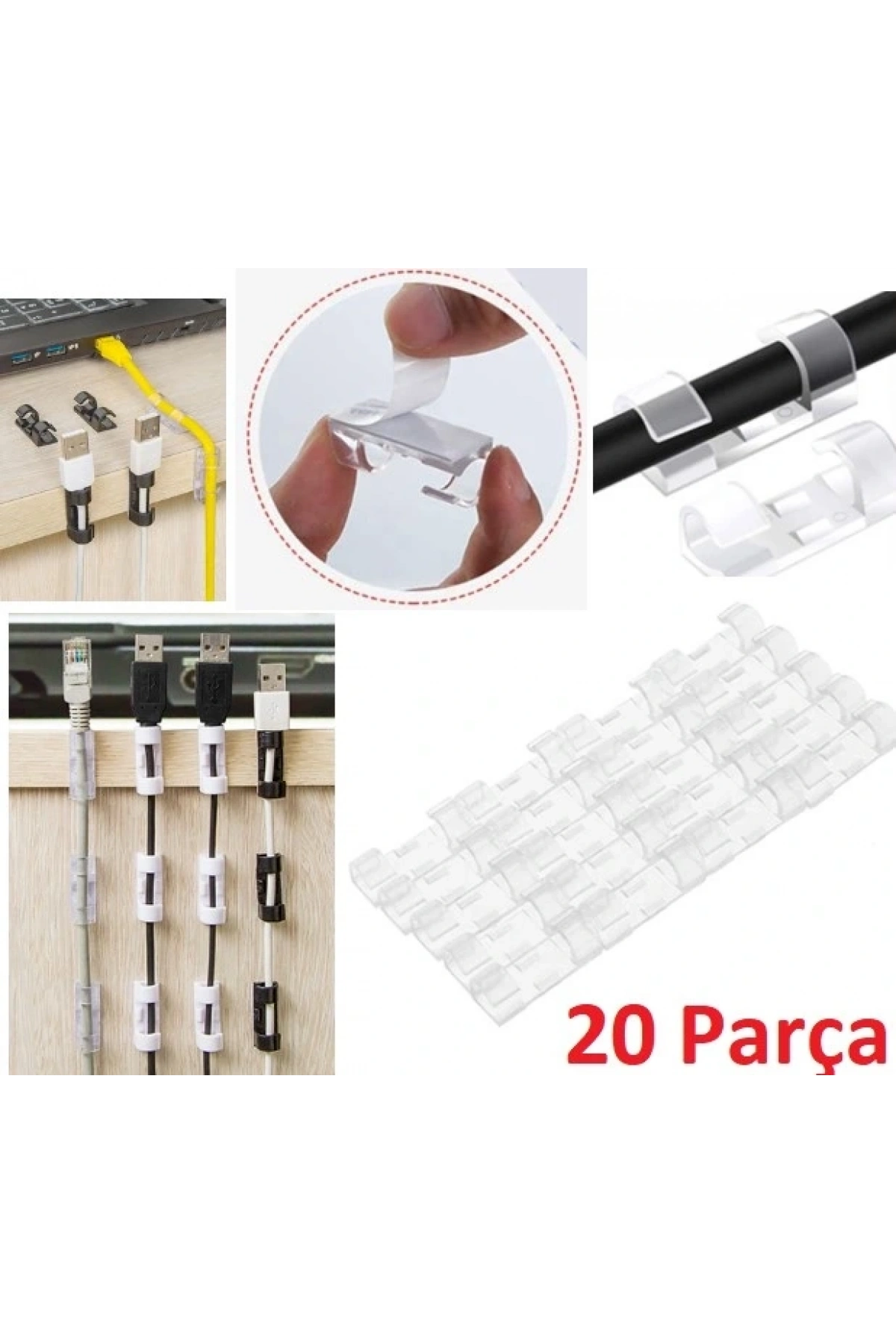 20'li Yapışkanlı Kablo Sabitleyici Şeffaf Klips (5047)