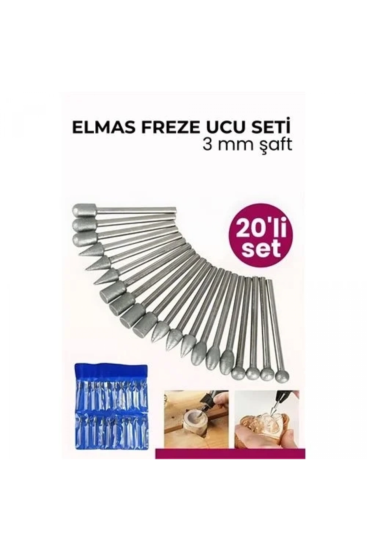 20 Parça Profesyonel Elmas Freze Ucu Seti - 3mm Şaft Gravür, Taş Ve Cam İşleme Taşlama Seti