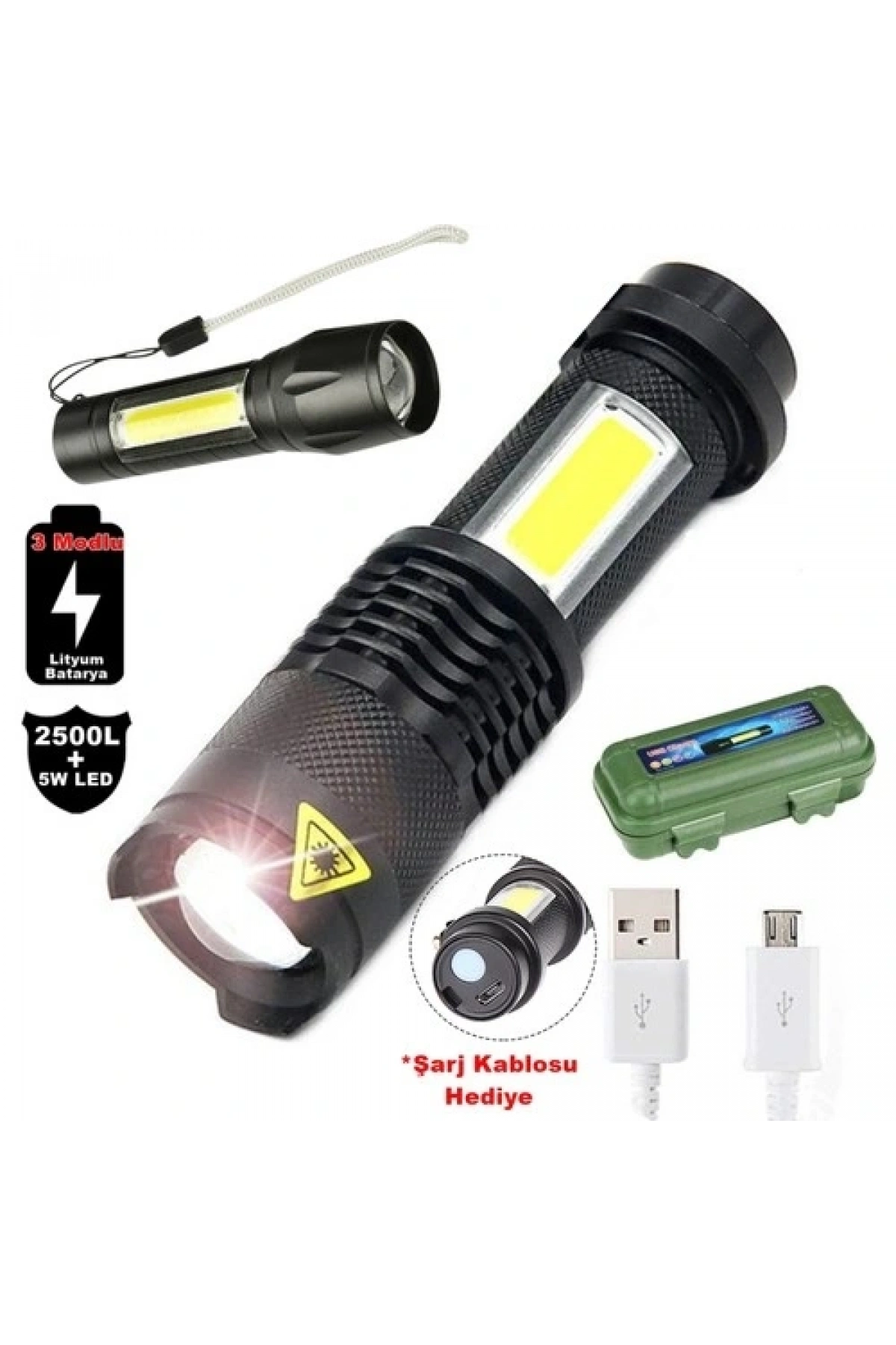 2500 Lumens + 5W COB LED USB Lion Şarjlı Ultra Güçlü Q5 XPE Su Geçirmez Şarjlı El Feneri (5047)