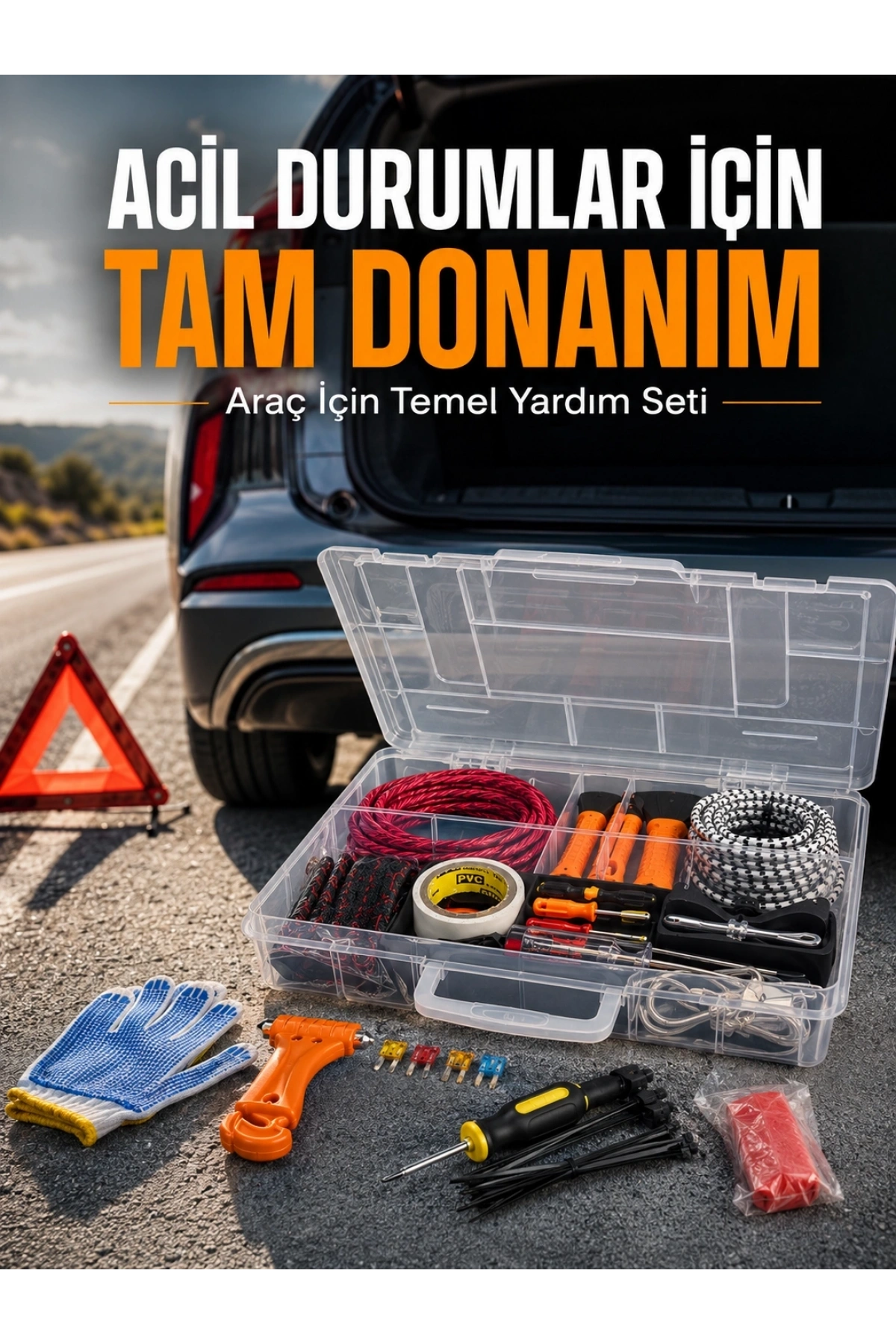 27 Parça Profesyonel Oto Acil Durum ve Araç Yardım Ekipman Seti Taşıma Kutulu
