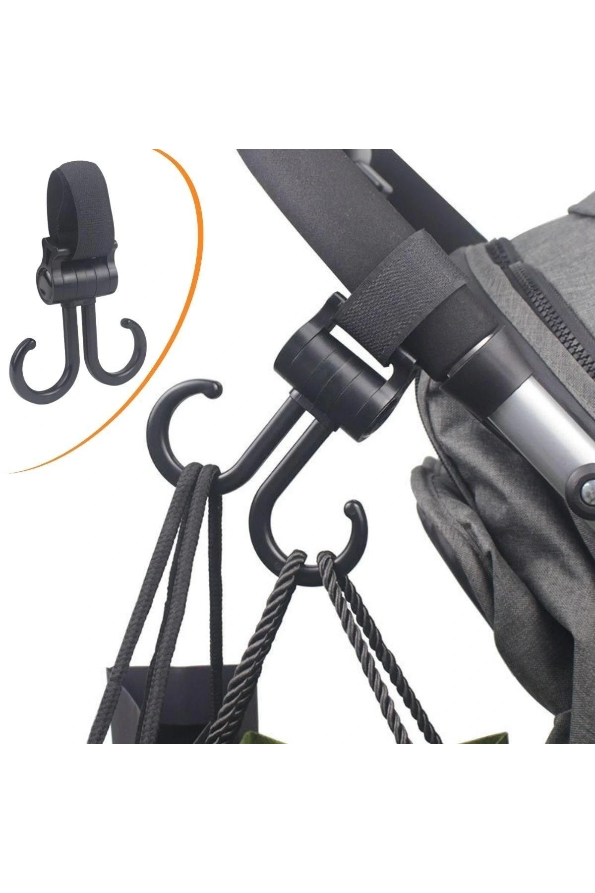 2li Bebek Arabasına Uyumlu Cırtlı  Eşya Taşıma Aparatı 360 Derece Dönebilen Plastik Kanca (5047)