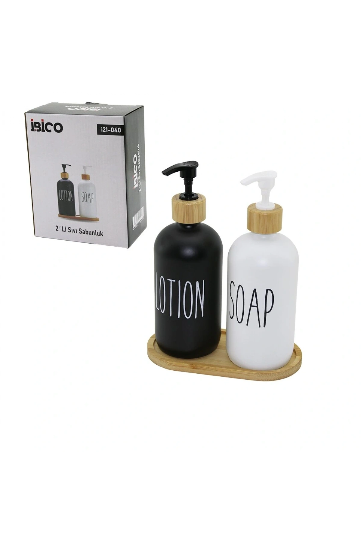 2Lİ SET CAM SIVI SABUNLUK - LOSYONLUK 2X500MLBOYALI CAM=SİYAH-BEYAZ AHŞAP BAMBU ALTLIK - KAPAK (5047)