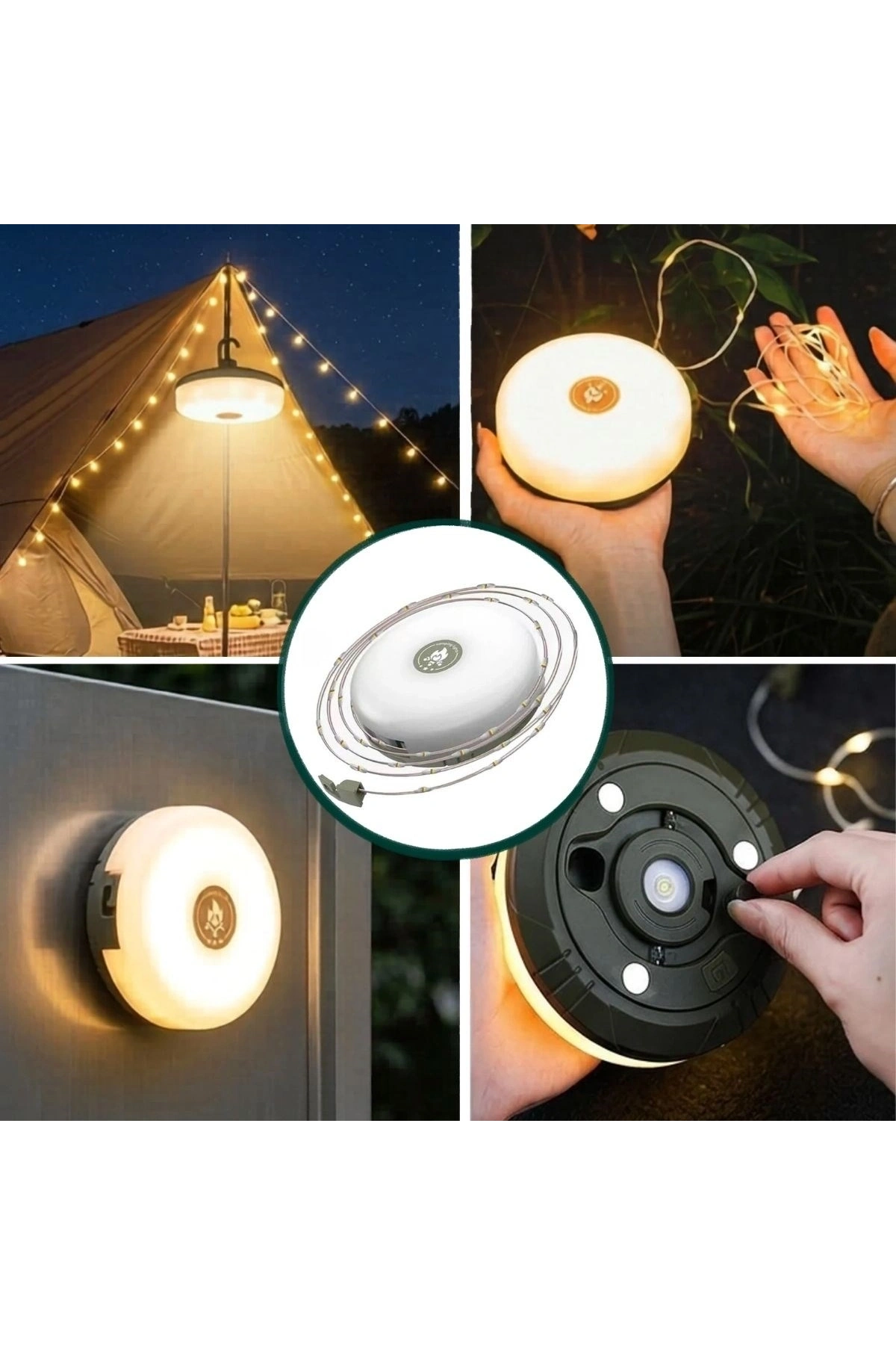 2’si 1 Arada 5 Farklı Işık Modlu Gün Işığı Şarjlı Kamp Lambası ve Makaralı 10 Metre Peri LED Işık – Su Geçirmez Mıknatıslı Aydınlatma Feneri (5047)