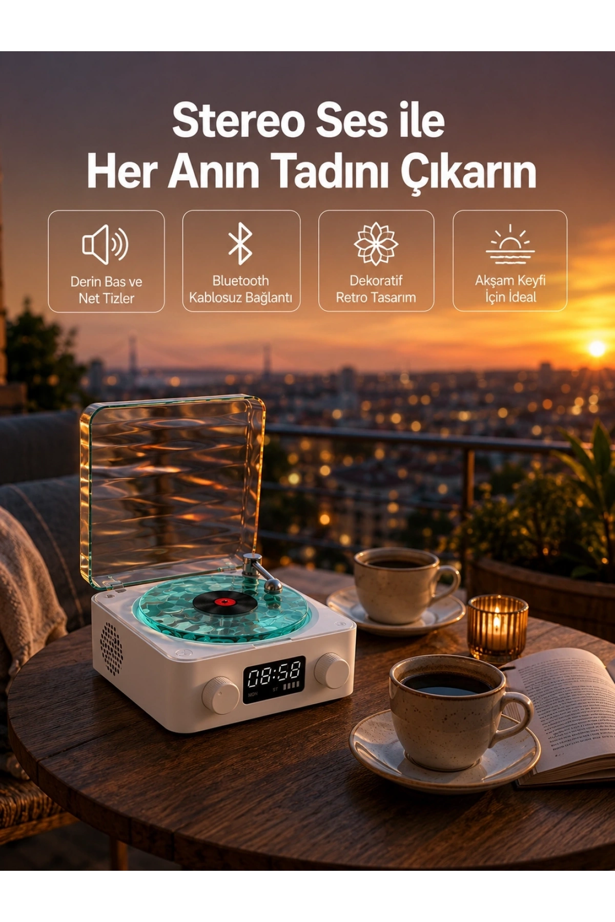 3-1 Kablosuz Bluetooth Hoparlör – Gece Lambalı, Saatli, Retro Tasarım