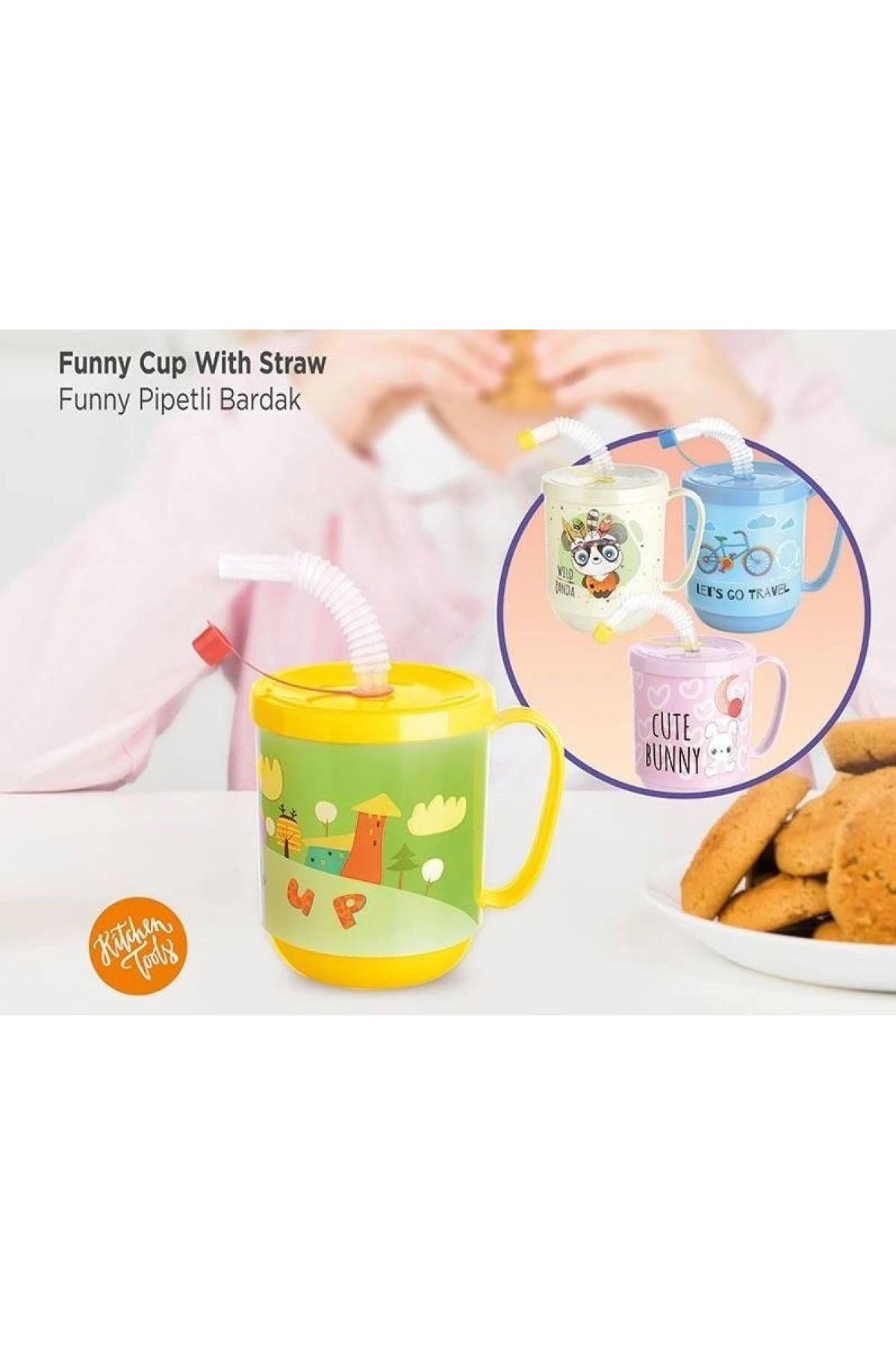 3 Adet pipetli Çocuk Içecek Bardağı Desenli Bardak 350ml