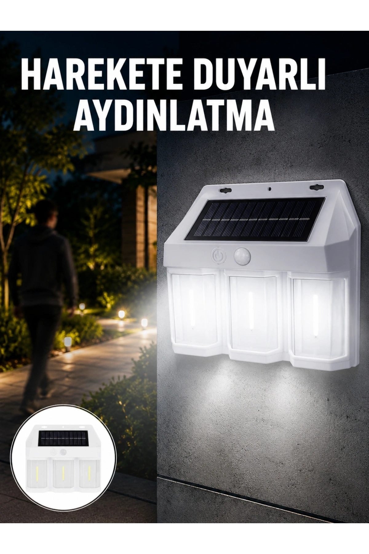 3 in 1 Solar Duvar Lambası – IP65 Su Geçirmez, Hareket Sensörlü Yeni Nesil